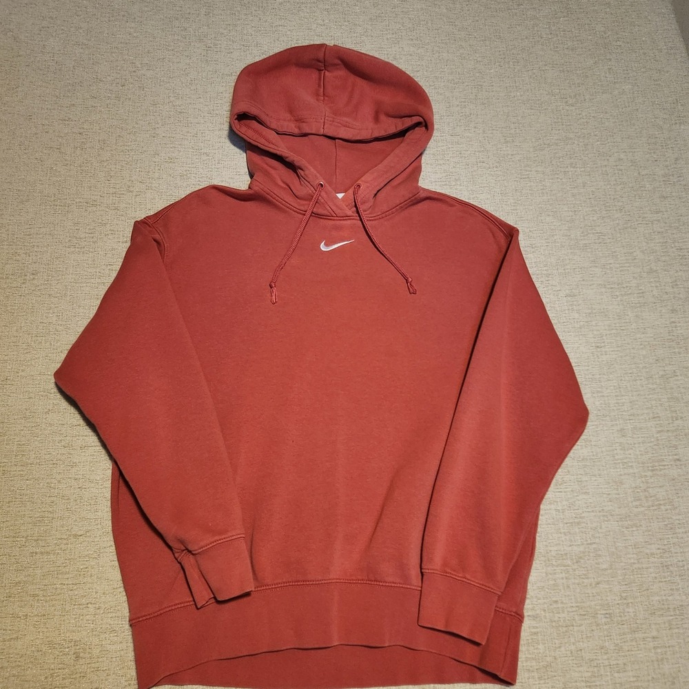Nike Hoodie Unisex Small Rust Red Center Swoosh Fleece Pullover Relaxed Fit
